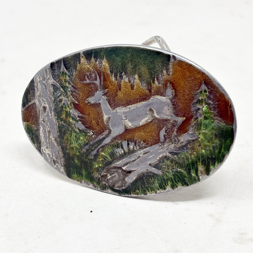Indiana Metal Craft 1980 Vintage Deer Buck Enamel Belt Buckle Pewter Tone